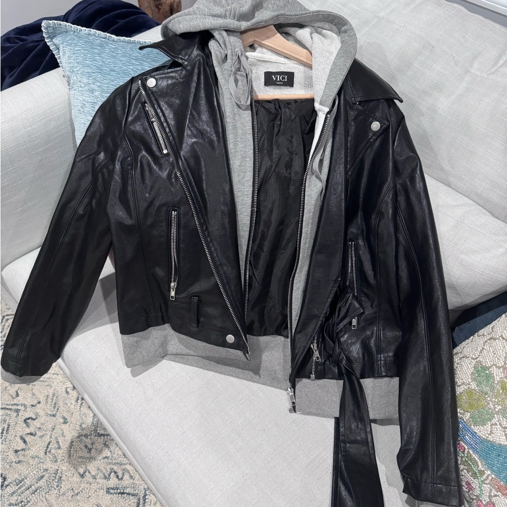 VICI Black Leather Moto Jacket with Gray Hooded Liner